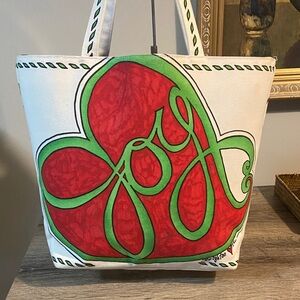 Brighton Love & Joy Canvas Tote Bag Cream Red Green Bird Heart 12x13.5x4 EUC